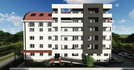 A modern multi-story residential building with a white facade, dark brick accents, and a red roof, surrounded by greenery and a parking area under a partly cloudy sky.