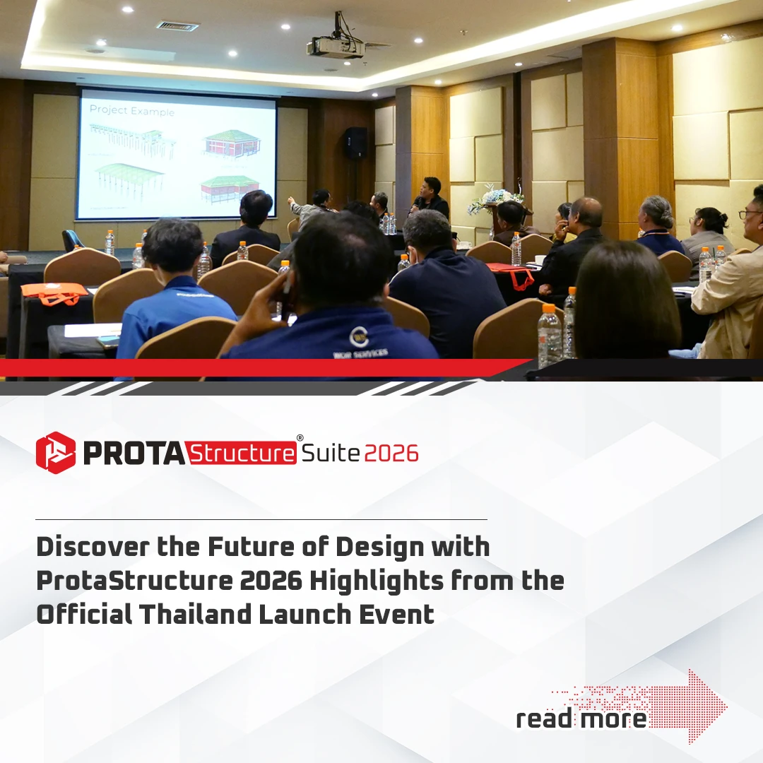 Audience at a ProtaStructure Suite 2026 software launch event, with a screen displaying project examples and a graphic announcing the Thailand launch.